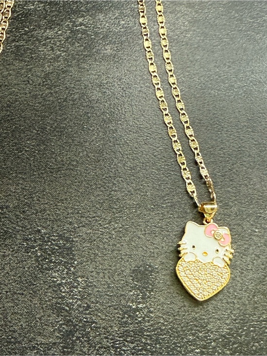 Hello Kitty Jewelry - Hello Kitty Gold Pendant Necklace with Pink Bow and White Enamel